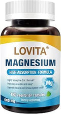 Lovita Triple Magnesium Complex 500mg High Absorption and Potency Formula Glycinate Citrate and Oxide Support Sleep Relaxation Heart Nerves and Bone Health 180 Vegan Capsules