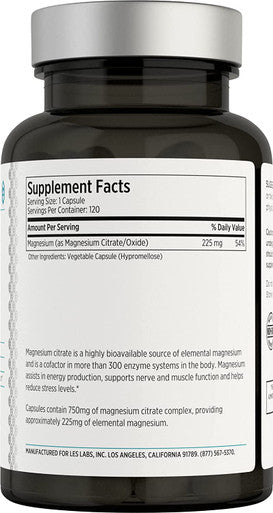 LES Labs Magnesium Citrate NonGMO Supplement 750mg 120 Capsules