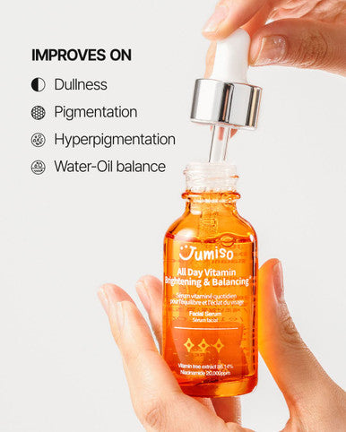JUMISO All Day Vitamin Serum Brightening Balancing Facial Serum Vitamin C A B D E Serum with Vitamin Korean Skincare Skin brightening soothing Vegan serum Vitamin tree extract 86.14 Niacinamide 20000ppm1.01 fl oz serum