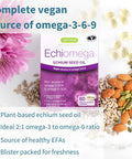 Echiomega Vegan Triple Omega 3 6 9 500 Mg, Echium Seed Oil, Efa Supplement For Women With Gla, 60 Softgels