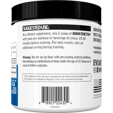 Evlution Agmatine Sulfate Nitric Oxide Powder Nutrition High Strength Agmatine Sulfate Powder Nitric Oxide Supplement for High Intensity Muscle Growth Recovery and Performance - Unflavored