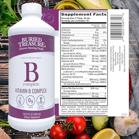 Buried Treasure B Complete 16 Fl Oz All 8 B Vitamins With Methylated B12 & Methylfolate Biotin B1 B2 B6 Antioxidant Support Liquid & Sugar B Complex Vitamins For Women & Men.