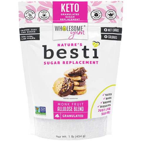 Wholesome Yum Besti Natural Sugar Substitute - Keto Granulated Monk Fruit Sweetener Blend With Allulose (No Erythritol) - Non GMO, Zero Calorie, Zero Carb, Sugar Free, No Aftertaste (12 oz)