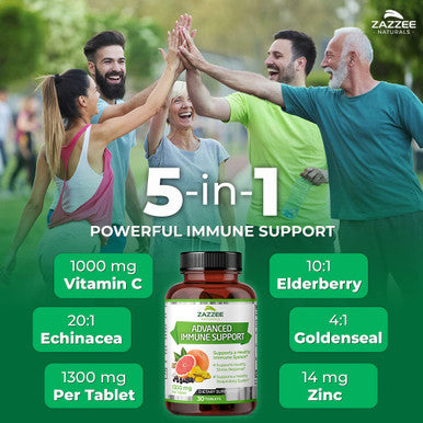 Zazzee Advanced Immune Support, 1300 Mg Per Tablet, 30 Vegan Tablets, 30 Day Supply, 1000 Mg Vitamin C, 1000 Mg Echinacea, 1000