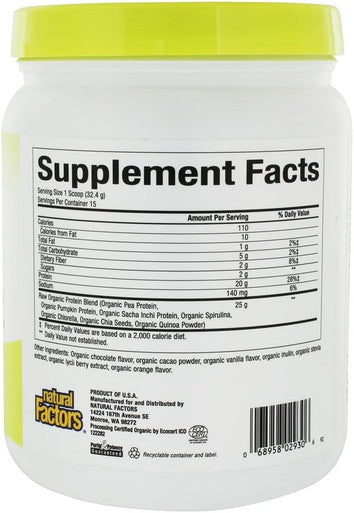 Natural Factors Raw Organic Vegan Protein Gluten Free Dairy Free NonGMO Decadent Chocolate 15 Servings 17 oz