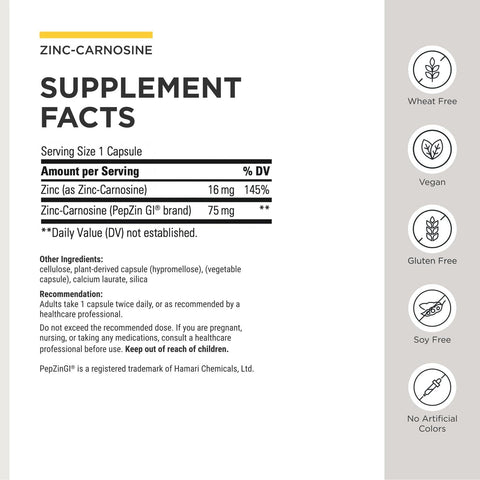Integrative Therapeutics ZincCarnosine Digestive and Gut Health Support* GI Tract Support* Supports Immune Health* EasytoSwallow Vegan GlutenFree and DairyFree 60 Capsules (60 Servings)