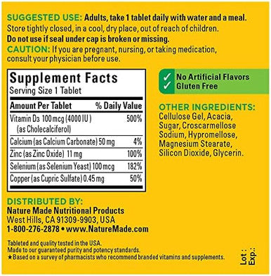 Nature Made Super Vitamin D Immune Complex, Vitamin D3, Selenium, Copper And Zinc Supplements For Immune Support, 70 Tablets, 70 Day Supply