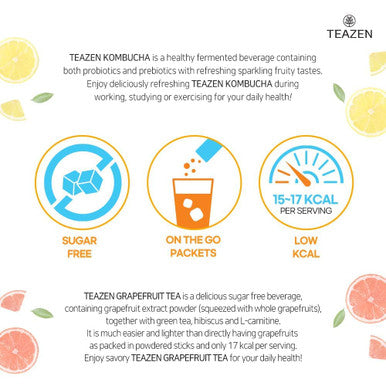 Teazen 2 Flavor 40 stick Variety Pack Pink Grapefruit Hibiscus and Green Tea Powdered Drink Mix (20 Sticks 3.52oz) and Kombucha Lemon Flavor Powdered Drink Mix (20 Sticks 3.52oz)