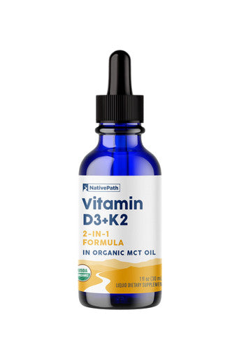 NativePath D3K2 Tincture - 1000IU Vitamin D3 and Vitamin K2 Supplement with Organic MCT Oil - 1 Fluid Ounce - Rapid Bioavailability Multi-Vitamin for Bone Strength and Total Body Wellness 30 Servings