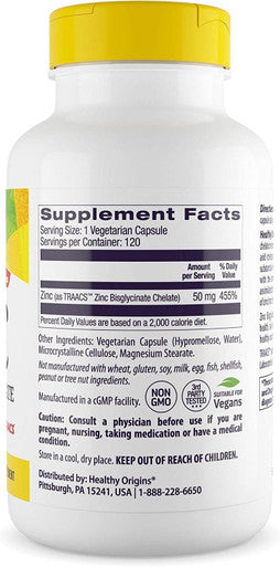 Healthy Origins, Zinc Bisglycinate, 50Mg Zinc - One Capsule Every 2 Days, 120 Vegan Capsules, Laboratory Tested, Vegetarian, Gluten-Free, Soya-Free, Non-Gmo