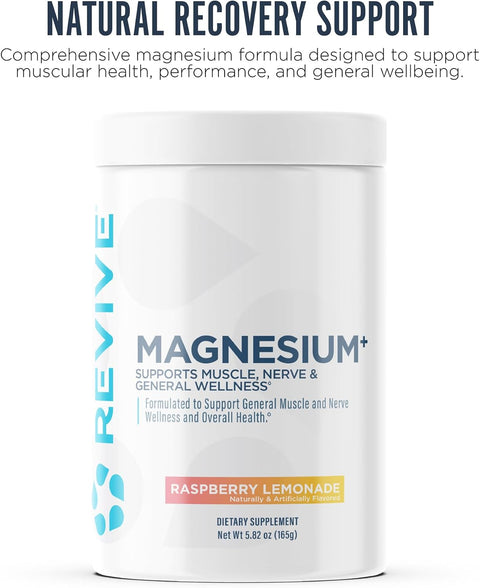 Revive Md Magnesium Powder Supplement - Magnesium Carbonate & Taurate Powder Drink Supports Healthy Bones Muscles & Nerves - Vegan-Friendly Gluten- & Soy- - 30 Servings Raspberry Lemonade