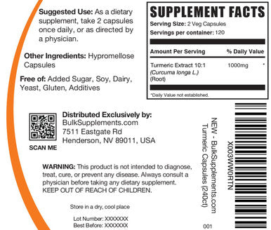 Bulksupplements.Com Turmeric Extract Capsules - Curcumin Supplements, Turmeric Curcumin 1000Mg, Turmeric Supplement - 2 Turmeric Capsules Per Serving, Vegan & Gluten Free, 240 Veg Capsules