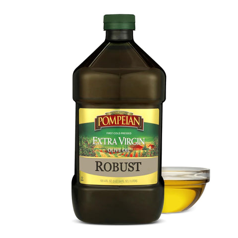 Pompeian Robust Extra Virgin Olive Oil - 101 fl oz (3 L) | First Cold Pressed Olive Oil for Cooking - Bold Taste for Pasta, Marinades, and Salad Dressings - Value Size