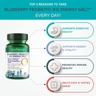 Blueberry Probiotic B12 Energy Melt by Purity Products ProDura Clinical Probiotic Organic Blueberries Methylcobalamin B12 30 Melts