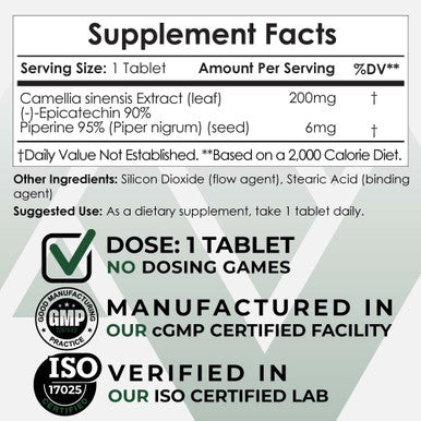 Epicatechin 90% Tablets 200mg 30 Count epicatechin 6mg Piperine