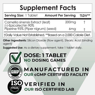 Epicatechin 90% Tablets | 200mg | 30 Count | ( )-epicatechin + 6mg Piperine to Promote Bioavailability | Promotes Cardiovascular Health | Promotes Strength + Muscle Function