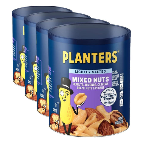 PLANTERS Lightly Salted Mixed Nuts, Plant Based Protein, 15 Oz (1 Ct) | Mixed Nuts: Almonds, Cashews, Brazil Nuts, Peanuts, Pecans. Snacks for Adults. Resealable Canister. Party Snack