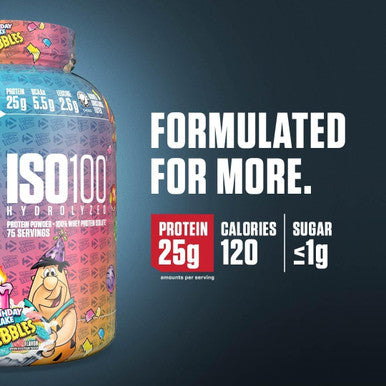 Dymatize x Birthday Cake Pebbles ISO100 Whey Protein Powder Isolate 25g of Protein 20 Servings 55g BCAAs 120 Cal. Gluten Free 1g Fat 1g Sugar 2g Carb