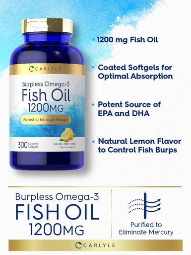 Carlyle Burpless Fish Oil 1200 Mg | 300 Softgels | With 360 Mg Omega-3 Fatty Acids | Natural Lemon Flavor | Non-Gmo, Gluten Free