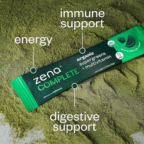 Zena Complete Organic Super Greens Powder and Multivitamin 90+ Supergreens Fruits Veggies Pre and Probiotics Watermelon Citrus Flavor 30 Packets + Water Bottle