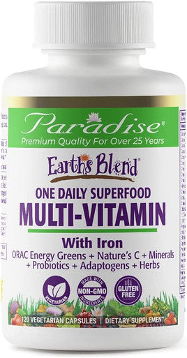 Paradise Herbs Earth's BlendA Organic Superfood Multivitaman with Iron Antioxidants Probiotics Adaptogens Vitamins A, B, C, D, K2 120 Vegetarian Capsules