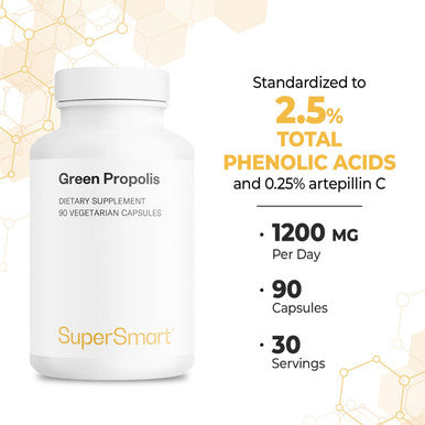 Supersmart Green Propolis 1200mg Per Serving Standardized to 5 Total Phenolic Acids 0.5 Artepillin C Immune System Booster Supplement Non GMO Gluten Free 90 Vegetarian Capsules