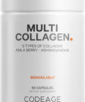 Codeage Multi Collagen Peptides Protein Capsules 5 Collagen Types Grass-Fed & Hydrolyzed Bovine Collagen Pills Supplement Ashwagandha Amla Berry Vitamins Collagen Peptides - 90 Capsules