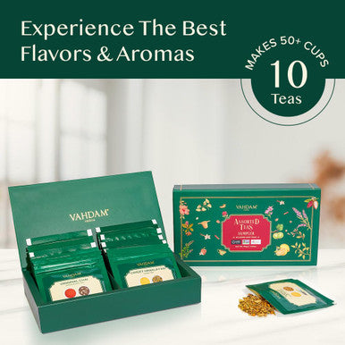 Vahdam Assorted Loose Leaf Tea Sampler (10 Teas 50 Servings) Non-GMO Gluten | Whole Loose Leaf Tea Sampler | Tea Variety Pack | Tea Set | s for Women & Men