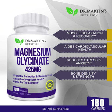 Premium Magnesium Glycinate 425mg - 180 Vegan Capsules - Helps with Stress Relief, Sleep, Muscle Cramps & Healthy Heart |
