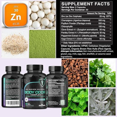 Natural Body Odor Eliminator Pills - Chlorophyll With Zinc, Champignon, Psyllium Fiber - Third Party Tested, 60 Vegan Capsules. Made In The Usa