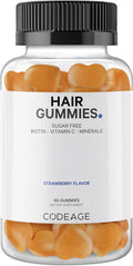 Codeage Hair Gummies, Biotin 5000 Mcg, Sugar Growth Gummy Vitamins A, C, B6, B12, D3, Zinc, Inositol Supplement, Women & Men, Pantothenic Folic Acid, Nails, Skin, Strawberry Coconut Flavor, 60 Ct