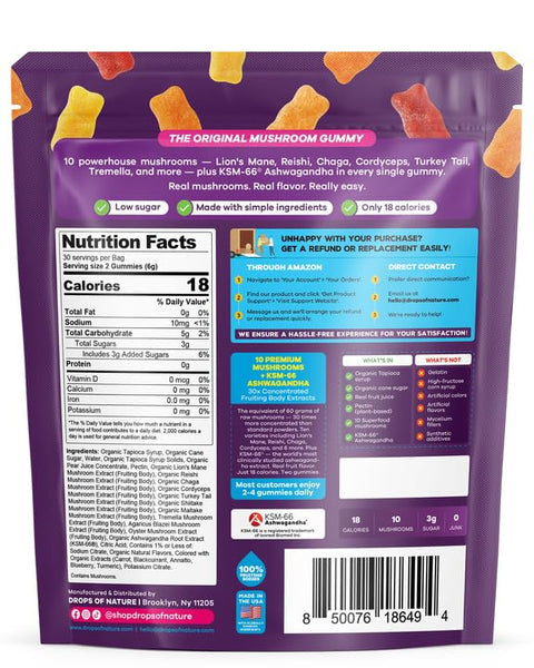 Drops Of Nature Mushroom Gummies 10-In-1 With Ksm-66 Ashwagandha Lions Mane Turkey Tail Cordyceps Shiitake Tremella Oyster Agaricus Vegan Functional Superfood Gummies (Mixed Fruits 70 Gummies)