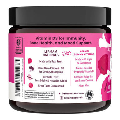 Llama Naturals Vitamin D3 Vegan Organic Immune Support Supplement Vitamin D Gummies for Adults and Kids Real Fruit Gummy Vitamins Promotes Bone Health No Added Sugar Cane Raspberry 60 Ct