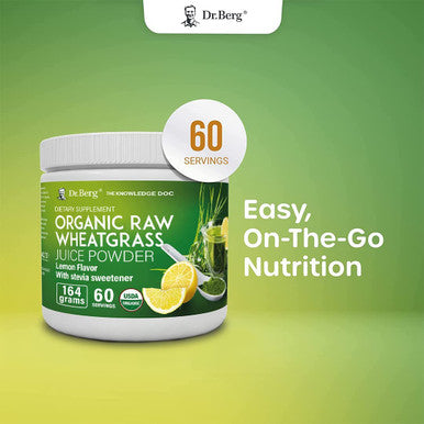Dr. Berg's Raw Wheatgrass Juice Powder (60 Servings) - USDA Organic Wheatgrass Powder w/ Chlorophyll, Trace Minerals & Natural Enzymes - Ultra-Concentrated - Lemon Flavor w/ Stevia 1 Pack