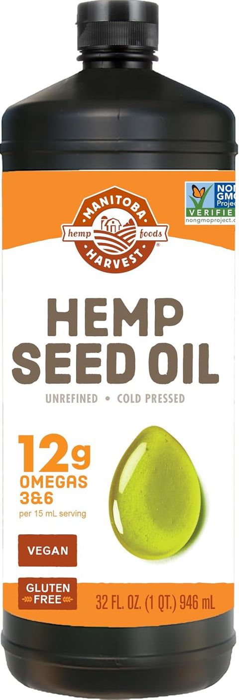 Manitoba Harvest Hemp Seed Oil, 32 fl oz | Cold-Pressed, Premium Quality, 12 g of Omegas 3 and 6 Per 15 mL Serving, Great for Cooking, Non-GMO, Vegan, Gluten-Free