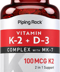 Piping Rock Vitamin K2 D3 Supplement | 100 Mcg | 180 Softgels | Mk-7 Complex | Non-Gmo Gluten Free