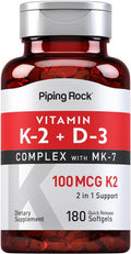 Piping Rock Vitamin K2 D3 Supplement | 100 Mcg | 180 Softgels | Mk-7 Complex | Non-Gmo Gluten Free