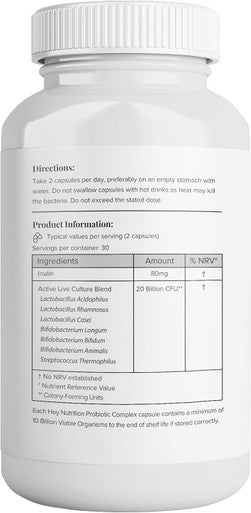 Hey Nutrition Probiotic Complex Supplement - 20 Billion CFU - Suitable for Vegetarians & Vegans - Supports Gut & Skin Health Improves Immune Response - UK Manufactured - 60 Vegan Capsules