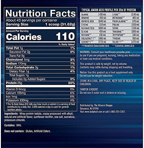 Bodytech Whey Protein Isolate Powder 25G Protein Per Serving With Bcaas Fastabsorbing For Muscle Growth & Recovery Rich Chocolate (3 Lb 43 Servings)