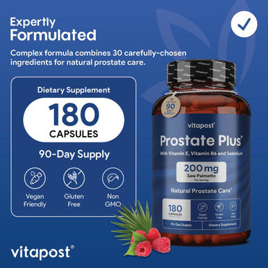 Prostate Plus Natural Prostate Care And Urinary Health Supplement For Men Enriched With Saw Palmetto, Vitamin B6, Vitamin E, Selenium And Zinc. 180 Capsules