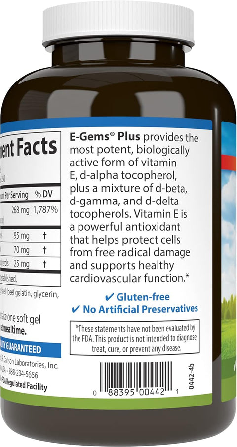 Carlson EGems Plus Natural Vitamin E 400 IU Supports a Healthy Heart 250 soft gels