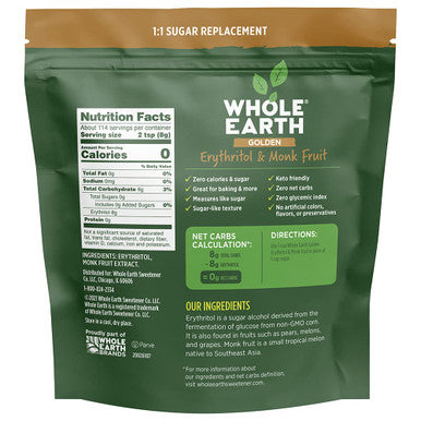 Whole Earth Sweetener Co. Whole Earth Plant-Based Sugar Tive - Golden Sweetener Erythritol & Monk Fruit Zero Calories No Artificial Colors And Keto Friendly (32Oz / 2Lb)