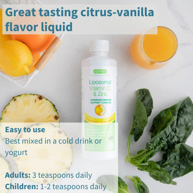 Liposomal Vitamin C 1000mg & Zinc Bisglycinate by Igennus, High Absorption Liquid Immune Support for Men, Women & Kids, USA Made & Non-GMO, Sugar-Free, Citrus Vanilla Flavor, 30-90 Liquid Servings