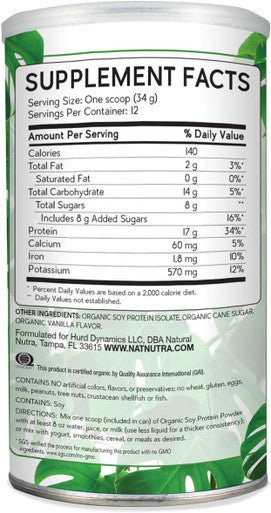 Natural Nutra Organic Vegan Plant Based Soy Protein Source Powder, Supports Bone And Improves Cardiovascular Health, Gluten , Non Gmo, Sugar- 14.4 Oz.