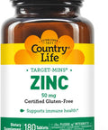 Country Life Target-Mins Zinc 50 Mg 180 Tablets - Zinc Supplements For Immune Health - Zinc 50Mg - Zinc Support