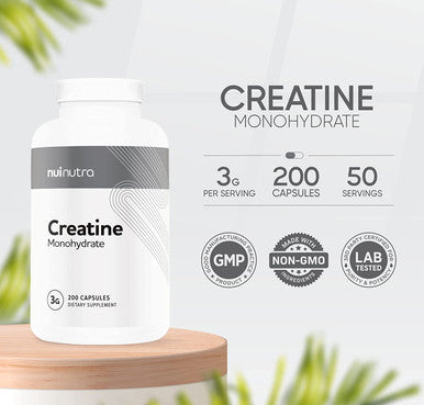 Nui Nutra Creatine Monohydrate Pills | 3G | 200 Capsules | Muscle Mass, Strength, and Performance Improvement for Men and Women | Pre Workout Energy & Post Workout Recovery