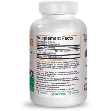 Bronson Vitamin D3 5000 IU Certified Organic Vitamin D Supplement, Non-GMO, USDA Certified, 90 Tablets