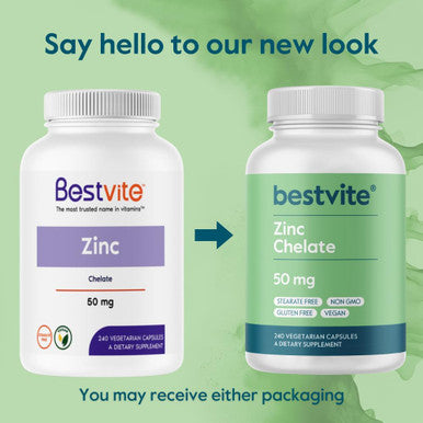 Bestvite Zinc Chelate 50mg (480 Vegetarian Capsules) (240 x 2) - No Stearates - Vegan - Non GMO - Gluten