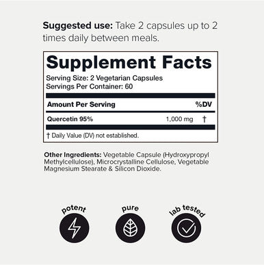 Ultra High Purity Quercetin Capsules - 95%+ Highly Purified and Highly Bioavailable - 1000mg Per Serving - 120 Capsules Quercetin Supplement