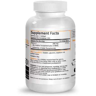 Vitamin E Complex Supplement 400 I.U. (80% D-Alpha Tocopherol), Antioxidant, 250 Softgels
